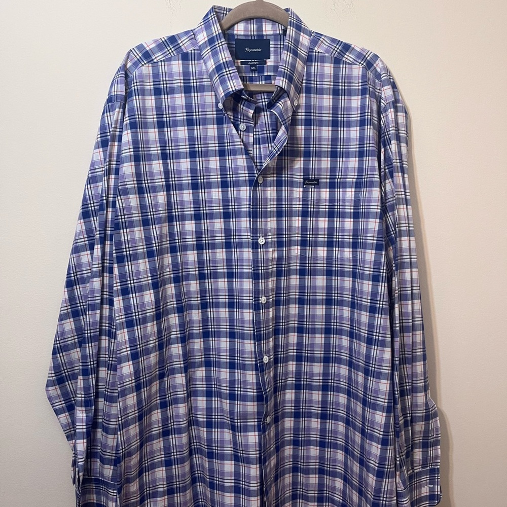 Faconnable Men's blue and white plaid long sleeve shirt 2XL XXL France